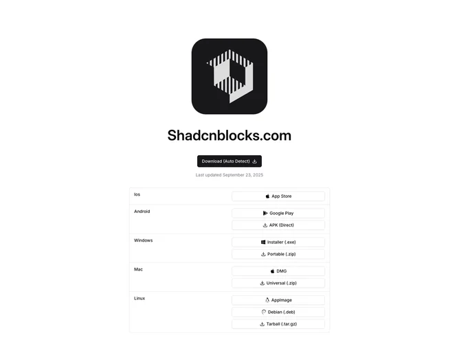 Shadcn Download 8 - Centered download hub with platform matrix