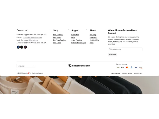 Shadcn Ecommerce Footer 18 - Accordion ecommerce footer with newsletter form and contact blocks