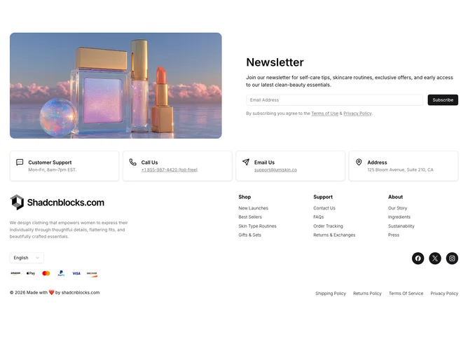 Shadcn Ecommerce Footer 19 - Ecommerce footer with support info row, accordion links, and brand panel