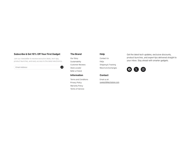 Shadcn Ecommerce Footer 2 - Accordion ecommerce footer with newsletter strip and social icons