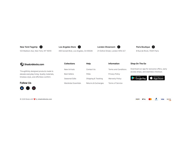 Shadcn Ecommerce Footer 9 - Ecommerce footer with store list, link columns, app badges, and payments