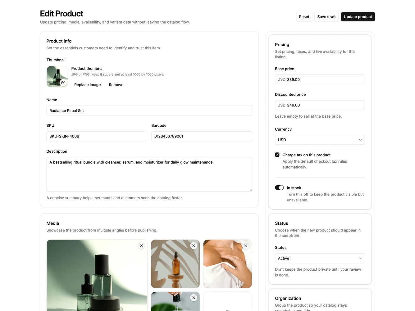 Shadcn Edit Product Blocks