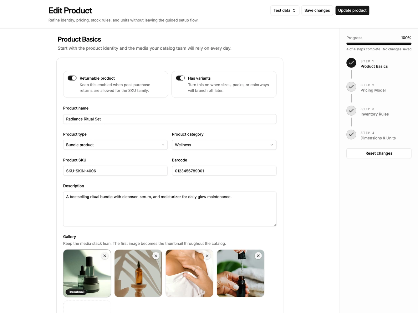 Shadcn Edit Product 2 - Guided product wizard with step sidebar
