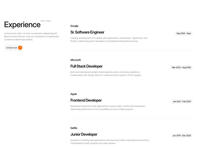 Shadcn Experience 2 - Sticky intro with timeline column