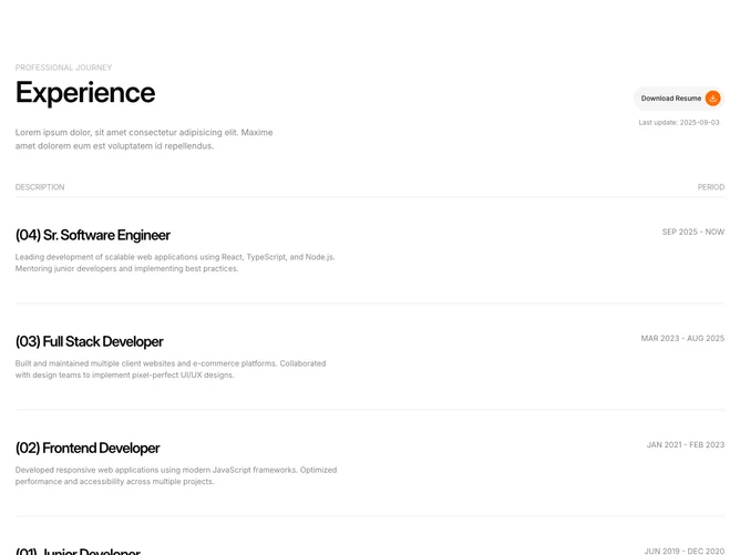 Shadcn Experience 3 - Numbered experience list with resume control