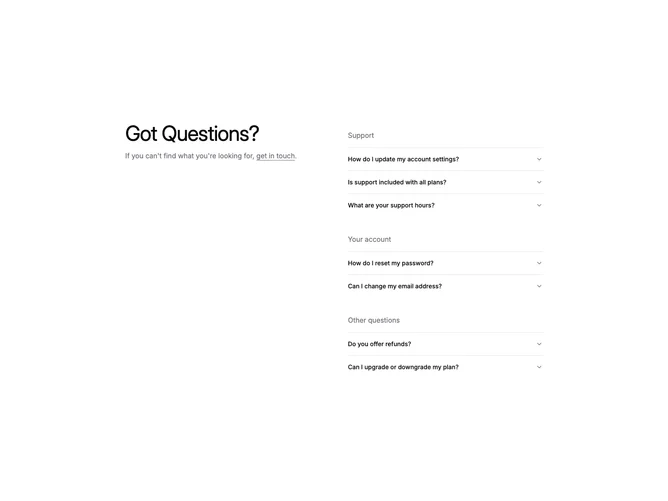 Shadcn Faq 20 - Categorized FAQ with Two-Column Layout