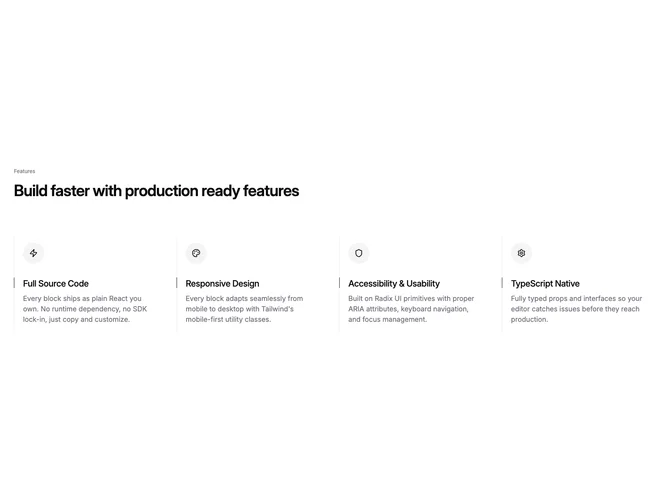 Shadcn Feature 10 - Icon feature columns with dashed borders