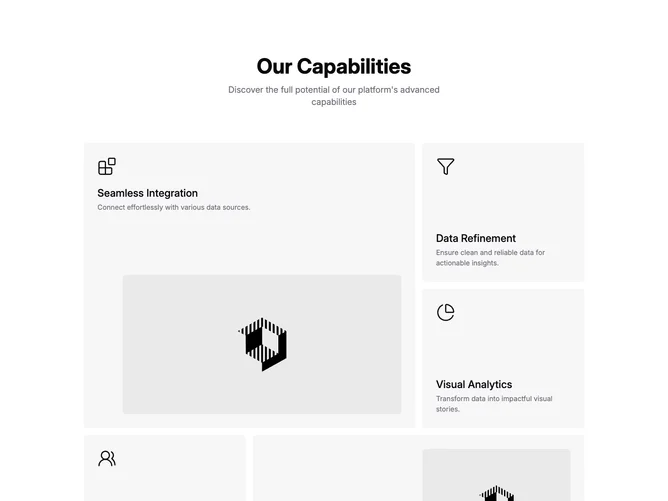 Shadcn Feature 101 - Bento capability grid with icons and images