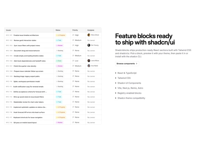 Shadcn Feature 11 - Split image with dotted list and outline button