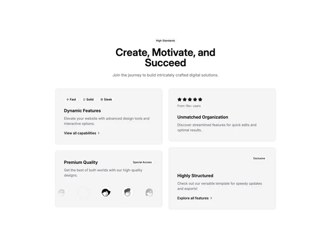 Shadcn Feature 110 - Bento grid with badges and avatar carousel