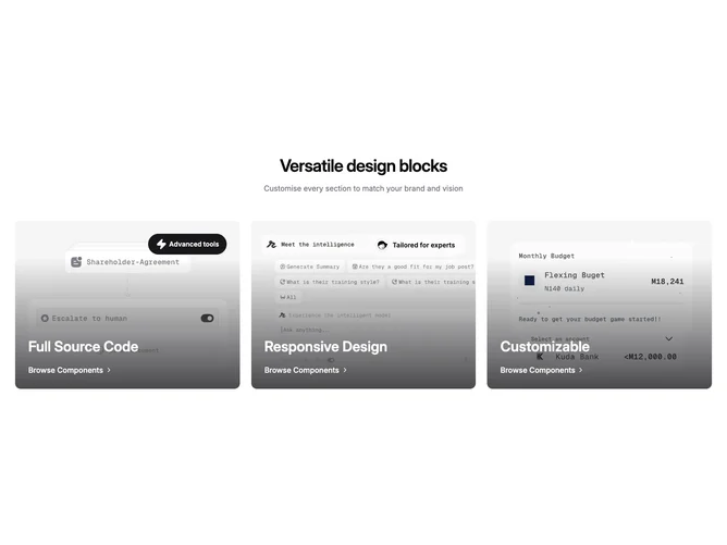 Shadcn Feature 117 - Three image feature columns with overlay cards