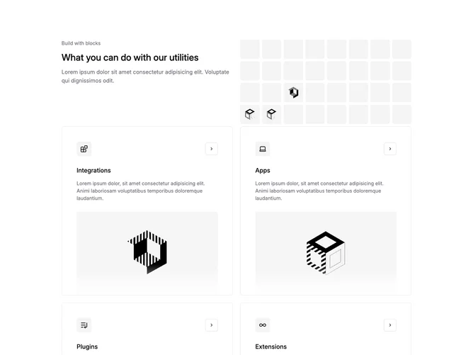 Shadcn Feature 127 - Bento grid of utility tiles with icon headers