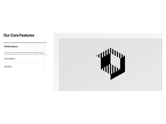 Shadcn Feature 131 - Accordion copy column with paired focal image