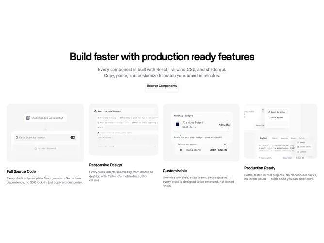 Shadcn Feature 132 - Centered heading with four linked image cards