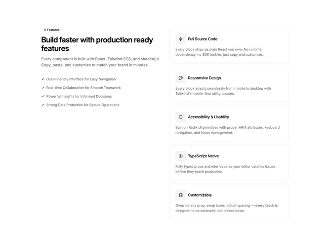 Shadcn Feature 135 - Sticky intro column beside stacked feature cards