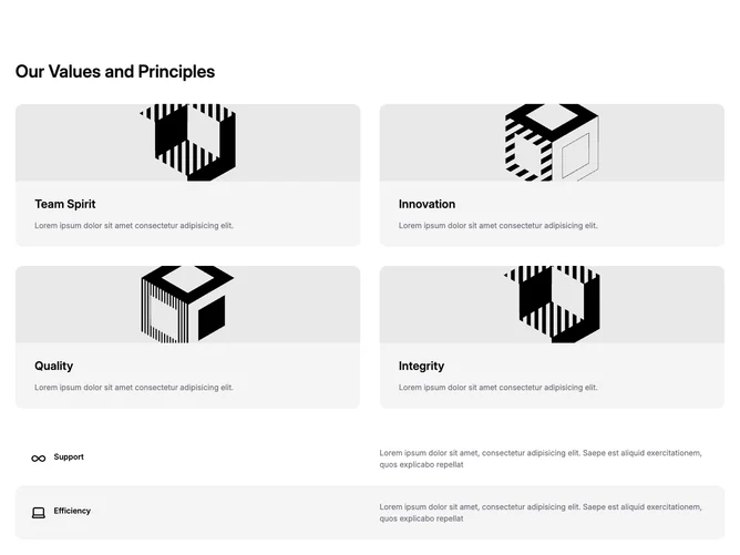 Shadcn Feature 137 - Image-forward value cards and icon rows
