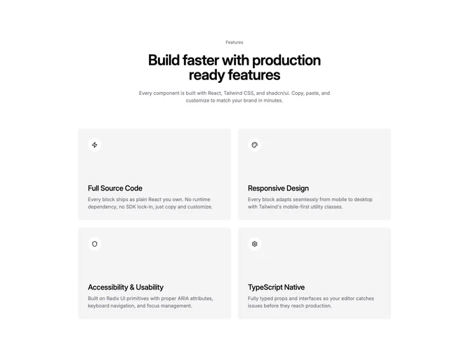 Shadcn Feature 15 - Centered intro with paired icon tiles