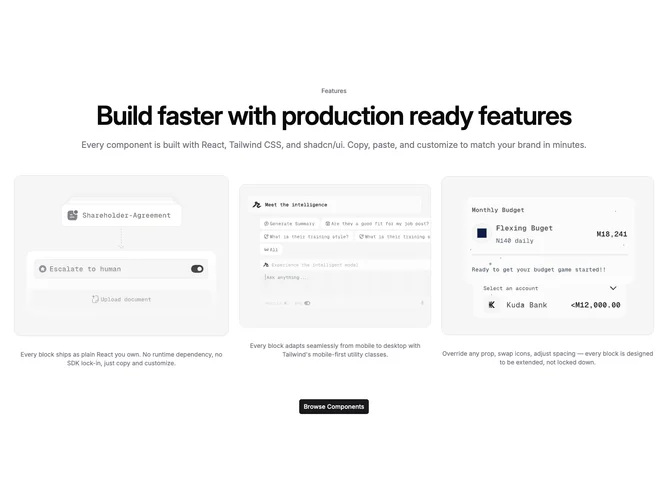 Shadcn Feature 158 - Three-column feature highlights with footer CTA