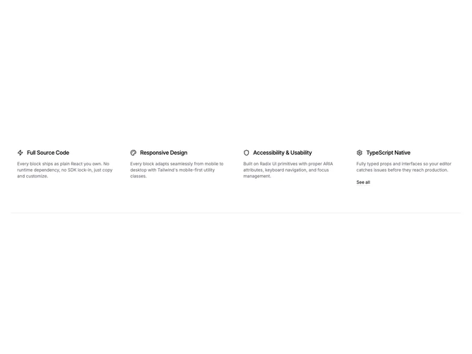 Shadcn Feature 159 - Four-up integration icons with trailing link