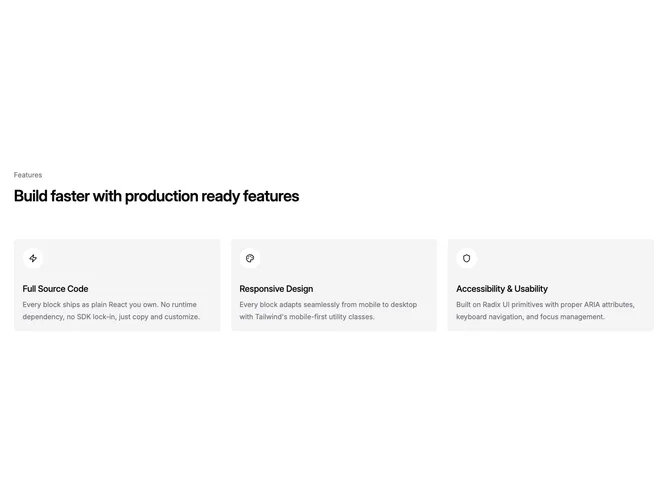 Shadcn Feature 16 - Three pillar cards with outlined icons