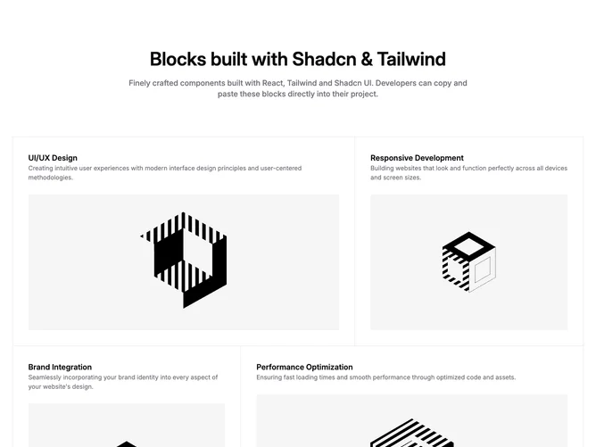 Shadcn Feature 166 - Centered intro over four-panel feature matrix