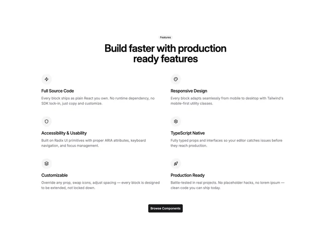 Shadcn Feature 17 - Six-up icon grid with centered intro