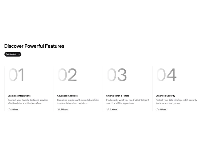Shadcn Feature 181 - Four numbered columns with timed badges