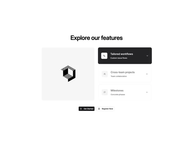 Shadcn Feature 184 - Tabbed features with image and stacked triggers