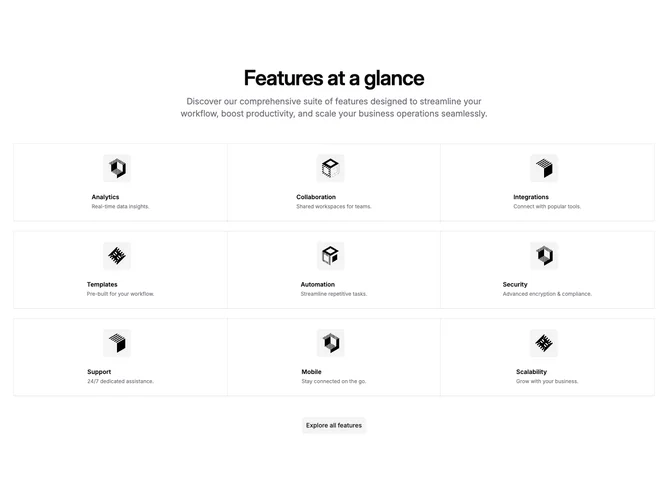 Shadcn Feature 190 - Dense feature grid with square thumbnails