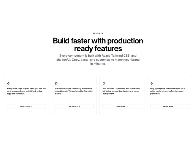 Shadcn Feature 194 - Icon feature cards with learn-more buttons