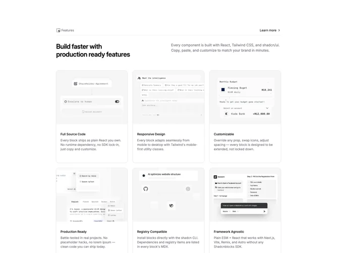 Shadcn Feature 20 - Utility grid with header and learn-more link