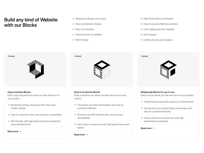 Shadcn Feature 22 - Checklist header with three outline showcase cards