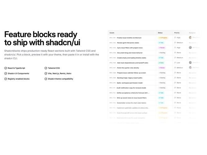 Shadcn Feature 227 - Split copy with checklist and photo