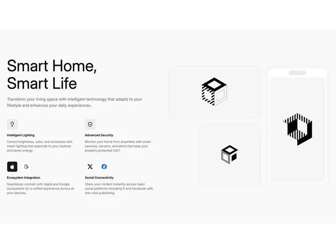 Shadcn Feature 228 - Smart home story with icon grid and gallery