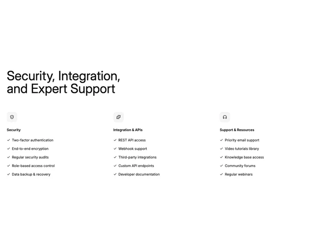 Shadcn Feature 229 - Three pillars with icon headers and checklists