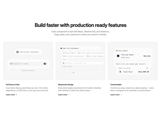 Shadcn Feature 23 - Centered header with three image cards