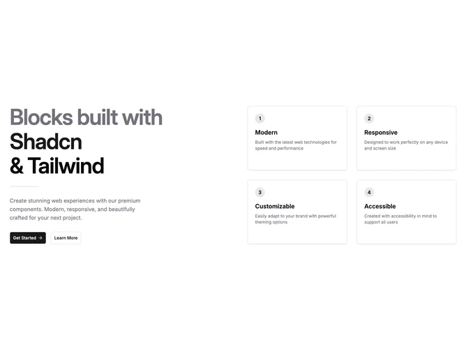 Shadcn Feature 231 - Numbered feature cards with split headline