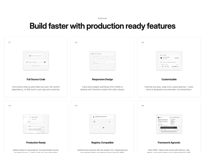 Shadcn Feature 266 - Feature cards with image tooltips and staggered motion