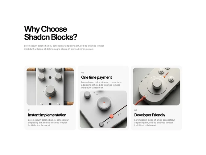 Shadcn Feature 270 - Three tilted panels with alternating image stacks