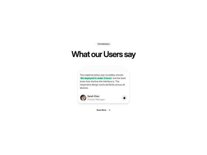 Shadcn Feature 281 - Centered testimonial stack with read more