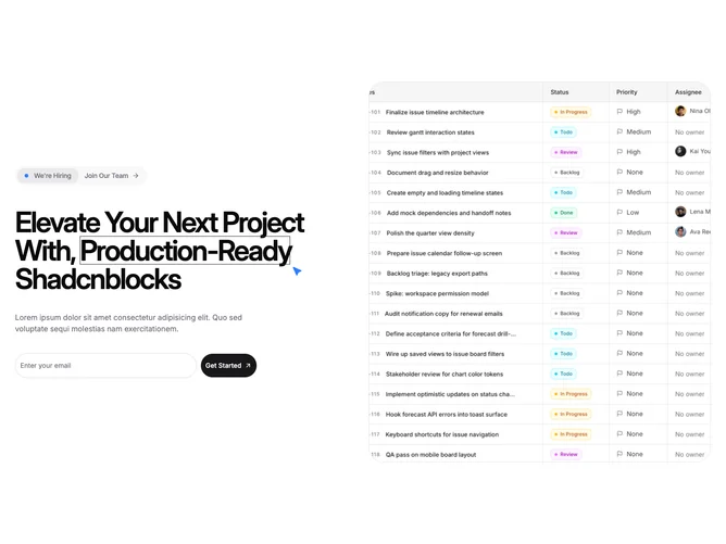 Shadcn Feature 292 - Hiring band with pointer highlight and signup column