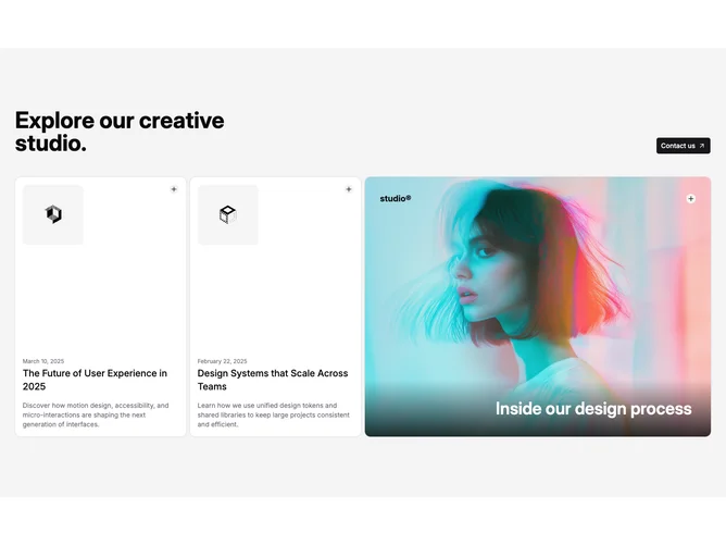 Shadcn Feature 314 - Studio grid with compact cards and large feature tile