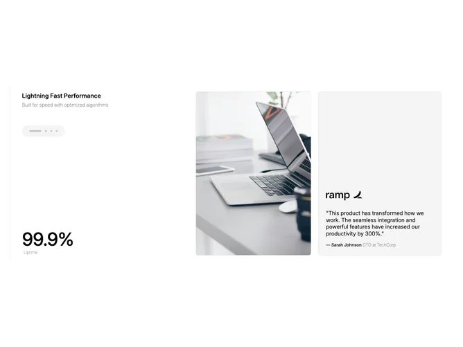 Shadcn Feature 322 - Scroll-driven feature cards with stats, imagery, and testimonial