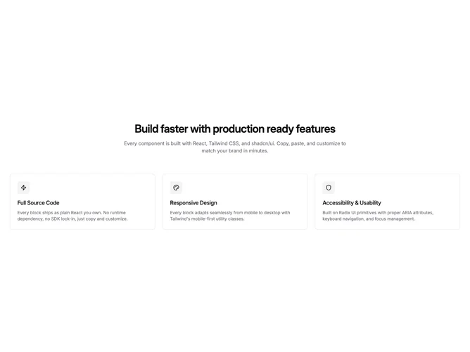 Shadcn Feature 349 - Centered Feature Cards
