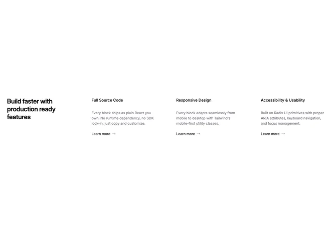 Shadcn Feature 35 - Large grid headline beside three arrow links