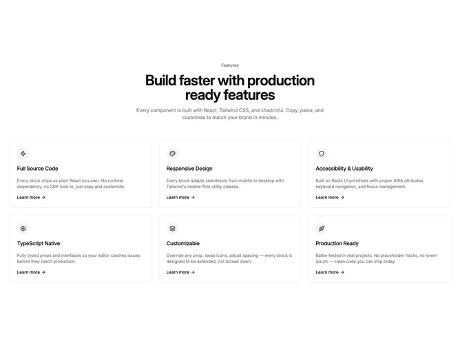 Shadcn Feature 355 - Centered Feature Link Cards