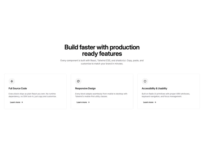 Shadcn Feature 363 - Centered Feature Cards With Button CTA