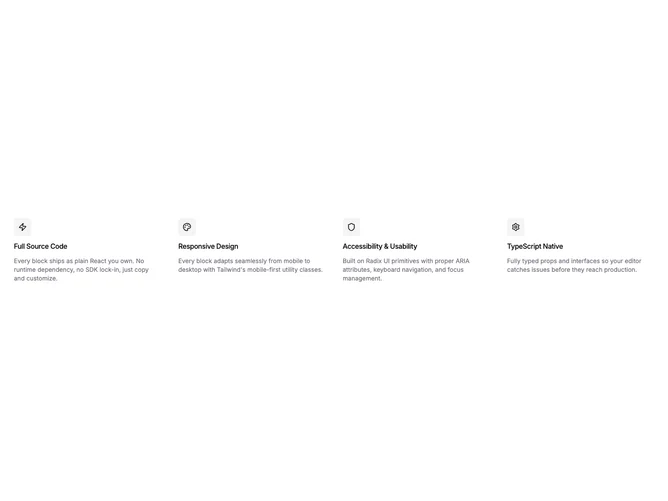 Shadcn Feature 364 - Minimal Four-Column Icon Grid