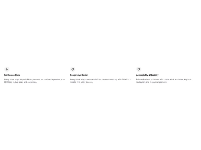 Shadcn Feature 365 - Minimal Three-Column Icon Grid