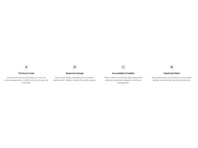 Shadcn Feature 367 - Minimal Centered Four-Column Grid